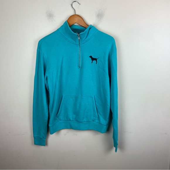 PINK Victoria's Secret Tops - Victoria Secret PINK Turquoise Teal Logo Cheetah Leopard Quarter Zip Pullover XS